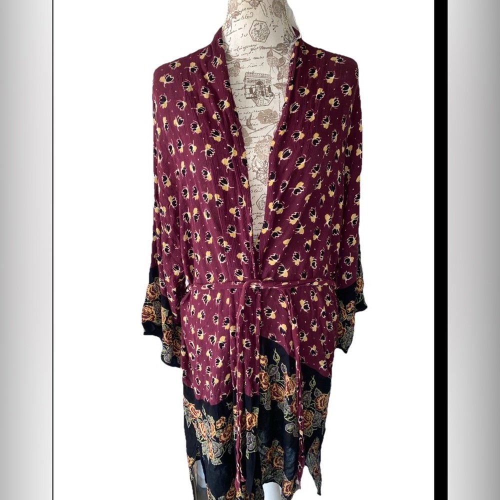 Women's Burgundy Floral Kimono Robe - Picture 2 of 10